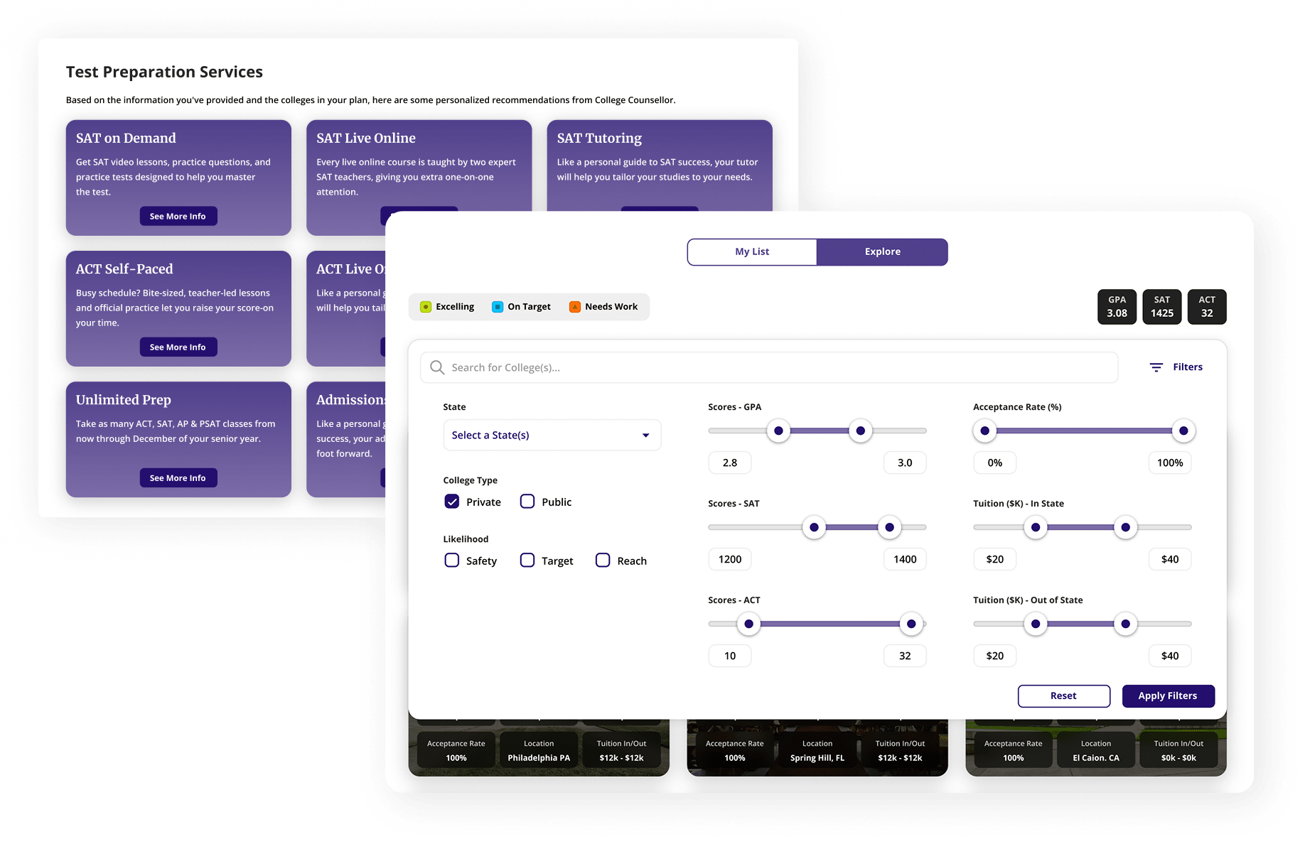 Dynamic College Search and Filtering